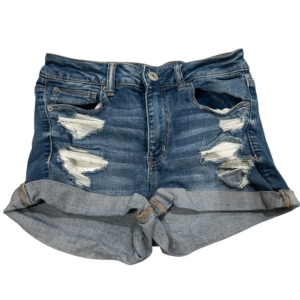 American Eagle Women’s Shorts Size 8 Distressed Dark Medium Wash Hi Rise Shortie - Picture 2 of 10